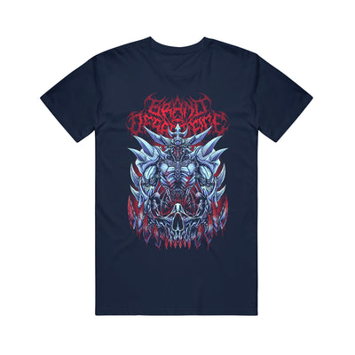 Navy T-Shirt with an evil-looking mechanical demon with intense bone spikes, sitting atop the lower jaw of a human. Lots of blood everywhere. Brand of Sacrifice written in a red-gradient death metal font.