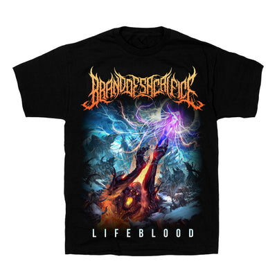 black tshirt against white background. across the chest says "brand of sacrifice" in a yellow and orange heavy metal jagged font. the very bottom of the tee in white and blue reads "lifeblood". the image in the center of the tee shows a monster with its mouth open, reaching up toward a woman who is flying and surrounded by lightning. the moon is behind her. there are skulls and other jagged mountains near the monster. the background and sky is a dark and light blue.