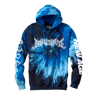blue ocean tie dye hoodie against white background. across the chest in white heavy metal jagged font reads "brand of sacrifice". the left sleeve says "new age" in bold white text descending down the sleeve. the other sleeve has some abstract symbols descending down the sleeve in white.