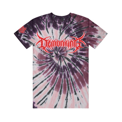 Black, White, Purple, Red, and Pink tie dye T-shirt. Demon king written in a red death metal font on front of t-shirt. Brand of sacrifice written in a red death metal font on the right sleeve.