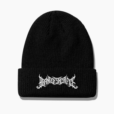 black flip-up beanie against white background. in the center of the flipped up part says "brand of sacrifice".