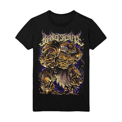 black tshirt against white background with artwork of the character Exodia, from Yu Gi Oh, on the front in a mix of golds, purples and tans. Brand of Sacrifice written in purple and cream death metal font.