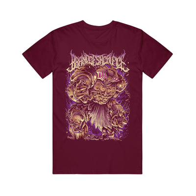 Maroon T-Shirt with artwork of the character Exodia, from Yu Gi Oh, on the front in a mix of golds, purples and tans. Brand of Sacrifice written in purple and cream death metal font.