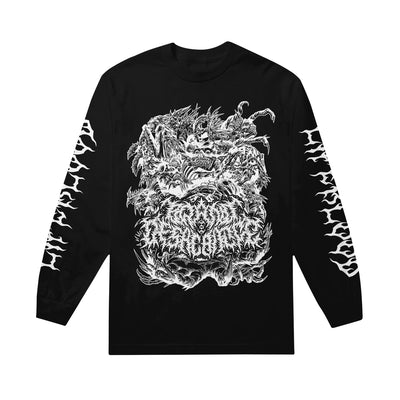 Black Long Sleeve Shirt. Lifeblood in death metal font on both the right and left sleeves. Front of shirt is several evil faces locked into an orb of spikes and misery.On top of the orb is Brand of Sacrife in a death metal font. All print is in white.