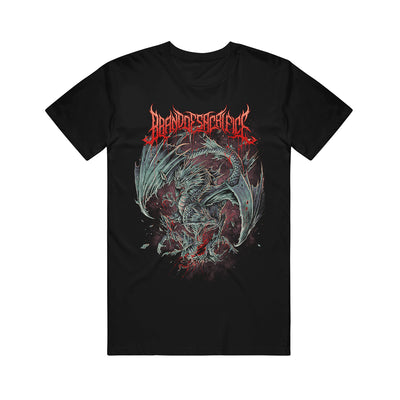 Black T-Shirt with Brand of Sacrifice written in a white and red over top an evil two-headed dragon in mixes of greys, reds and blues.
